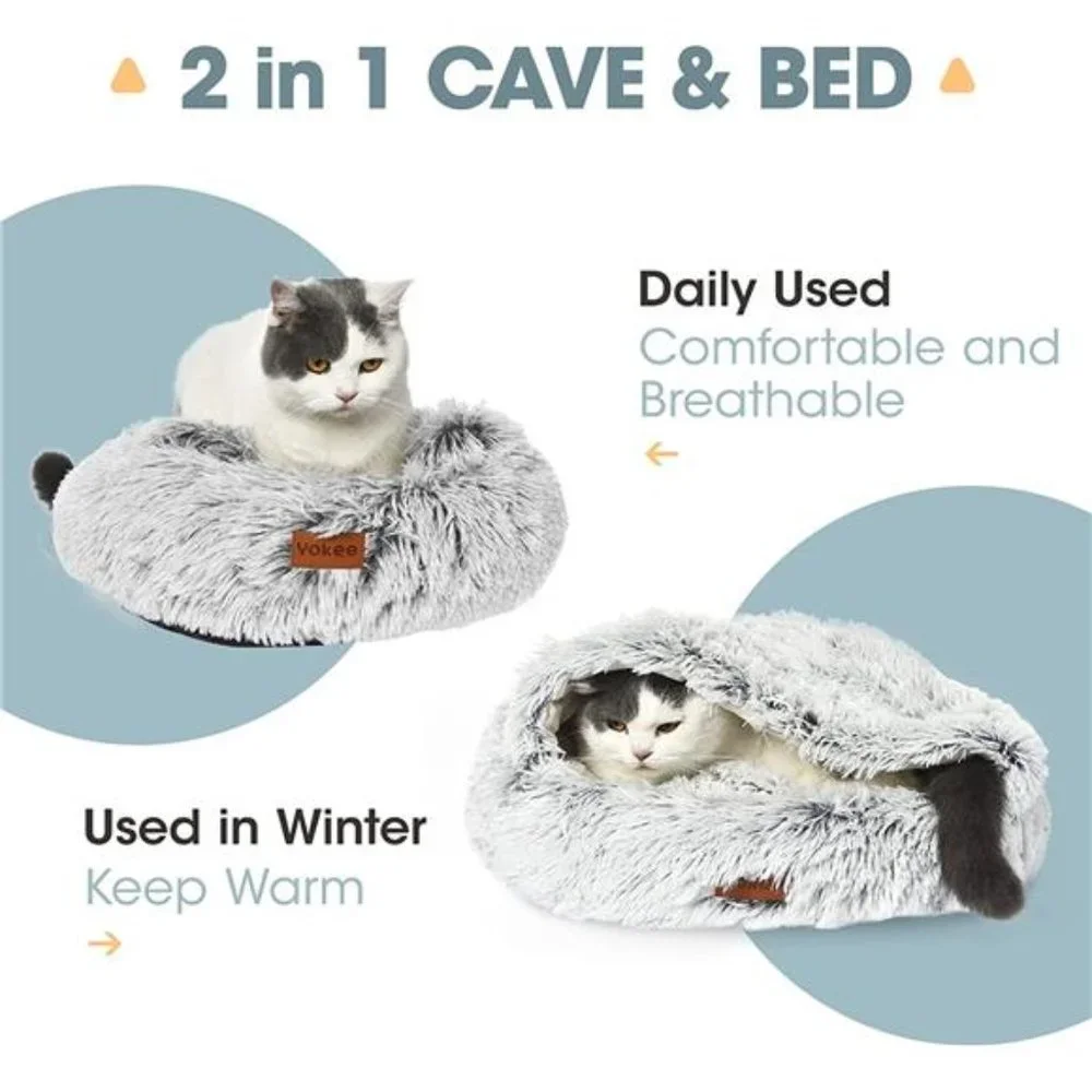 Yokee Cat Bed Round Hooded Plush Cat Bed Cave, Fluffy Cat Cave Bed